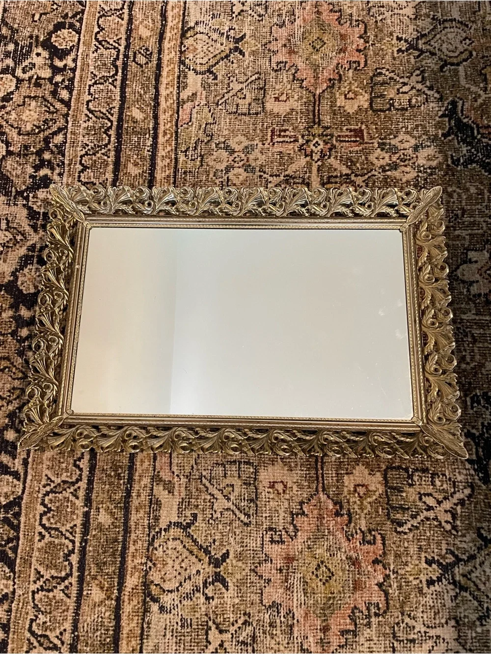 Vintage Brass Gold Filigree Vanity Mirror Tray 15x10” Standing Wall Decor